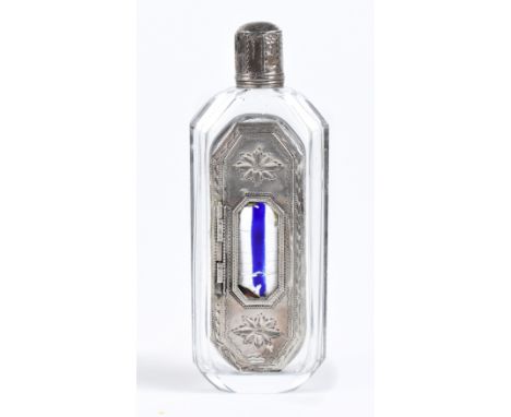An unusual combination clear glass and white metal mounted scent bottle and patch box with enamelled plaque to the exterior o