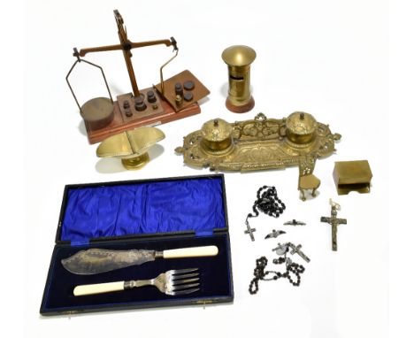 A small group of metalware including a set of scales, brass inkwell, etc.
