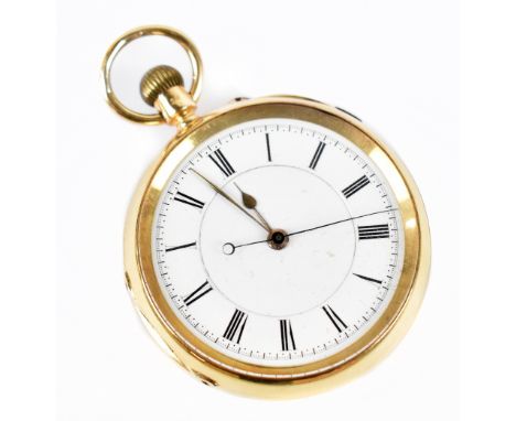 An 18ct yellow gold crown wind open faced pocket watch, the circular enamelled dial set with Roman numerals, the back plate e