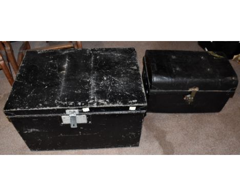 Two vintage metal trunks, one with later adapted lock, width 67cm.