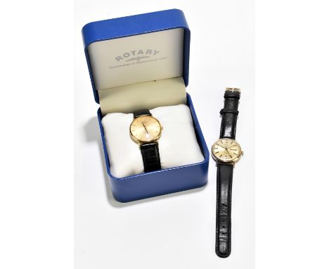ROTARY; two gentleman's vintage 9ct yellow gold wristwatches, the first automatic example with day date aperture, diameter 34
