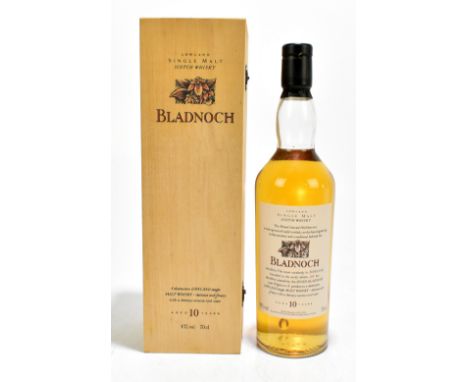 WHISKY; a single bottle of Bladnoch Single Malt Scotch Whisky, aged 10 years, 70cl, 43%, fitted in wooden presentation box.Ad
