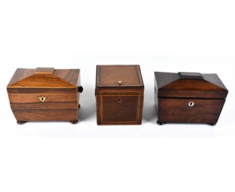 A George III inlaid mahogany tea caddy of rectangular form with matched moulded glass liner, with two 19th century rosewood t
