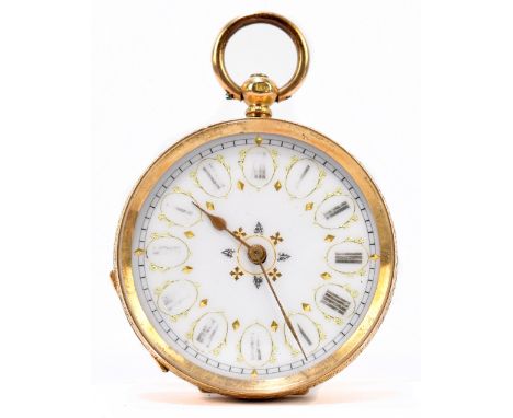 A French 18ct yellow gold fob watch with white enamel dial set with Roman numerals and with engraved detail to the case, diam