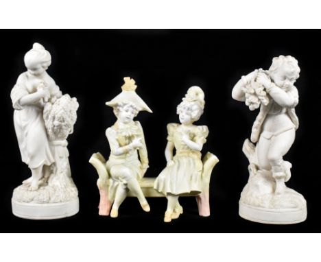 A pair of late 19th century Parian figures modelled as a young boy gathering faggots and a young girl gathering corn, height 