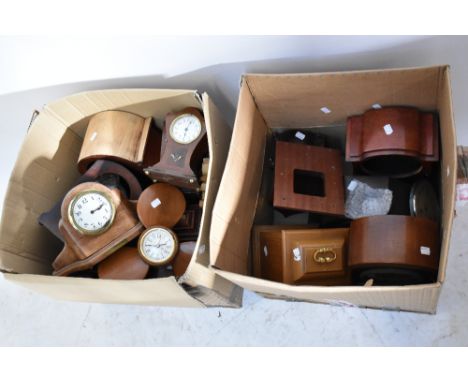 Two boxes of mantel clock parts, cases, some modern examples, etc.