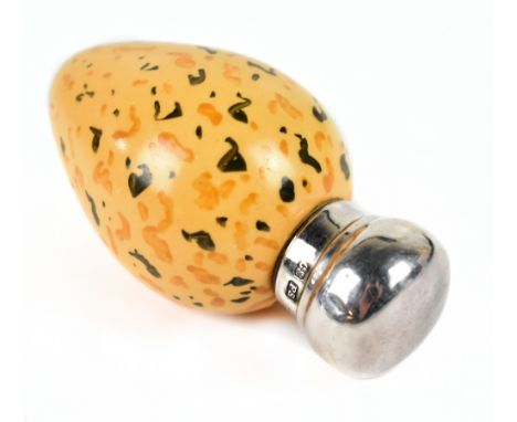 ATTRIBUTED TO MACINTYRE; an early 20th century porcelain mottled egg shaped scent bottle with silver cap hallmarked Birmingha