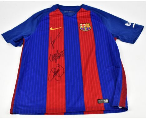 BARCELONA; a Nike Barcelona home shirt, signed by Messi, Suarez and Neymar to the front, size large.
Additional InformationCr
