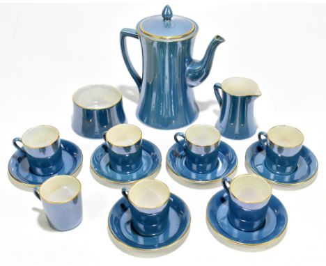 CARLTON WARE; a blue/green lustre decorated coffee set comprising coffee pot, jug, bowl, six coffee cans and saucers, each wi