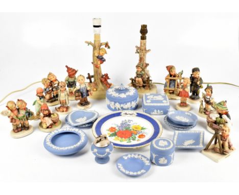 GOEBEL; a pottery lamp of a boy and a barking dog, height 31cm, with a similar lamp, 13 figures of children, 11 pieces of Wed
