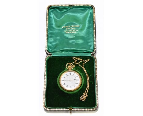 An Edwardian 18ct yellow gold open faced crown wind pocket watch with two piece white enamel dial set with Roman numerals, wi