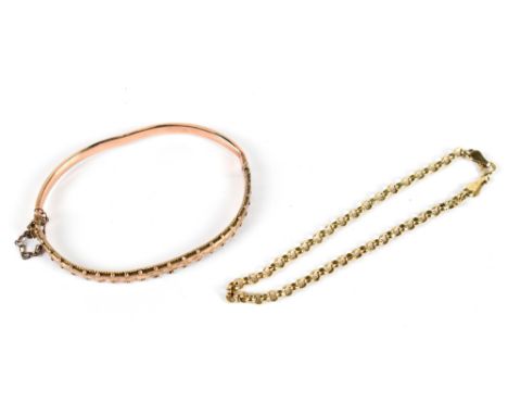 A 9ct gold bangle together with a yellow metal belcher link chain marked 9kt, combined weight 7.2g (2).Additional Information