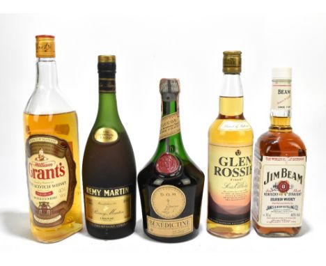 WHISKY; a bottle of Glen Rossie finest Scotch Whisky, Grant's Family Reserve Finest Scotch Whisky, Jim Beam Bourbon whiskey, 