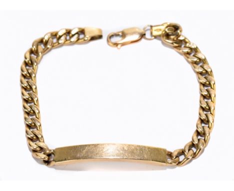 A yellow metal curb link identity bracelet, with vacant panel, stamped 375, length 19cm, approximate weight 8.9g.&nbsp;Additi