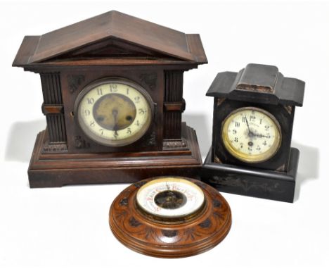 A Victorian slate and marble mantel clock, indistinctly signed to the dial, Middlewich, height 24cm, with an oak mantel clock