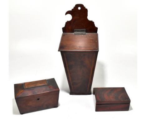 An 18th century inlaid mahogany candle box, height 49cm, with a Victorian mahogany tea caddy raised on four bun feet, and a s