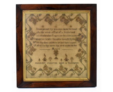 LOCAL INTEREST; a 19th century needlepoint religious sampler by Harriet Forster aged 10, Bollington, set in rosewood frame, 3