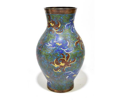 A large Chinese cloisonné vase of bulbous form with flared neck, with floral decoration, impressed eighteen character mark to