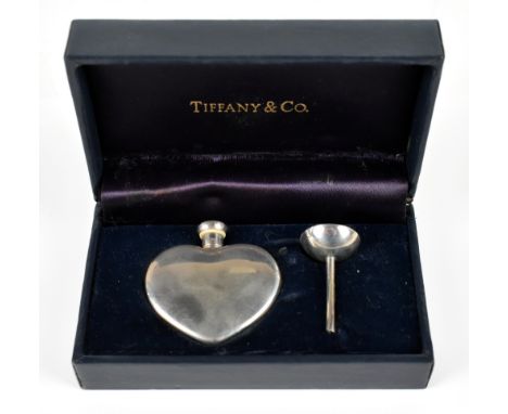 TIFFANY &amp; CO; a cased sterling silver heart shaped perfume flask and funnel, both pieces marked and in Tiffany &amp; Co b