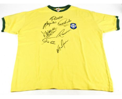 BRAZIL; a 1970s retro Brazil home shirt, signed by Pelé, Piazza, Jairzinho, C. Alberto, Felix, Brito and Rivelino, signed to 