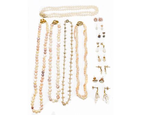 Five cultured pearl necklaces, two pairs of cultured pearl earrings, three pairs of cultured pearl ear studs, a pair of opal 