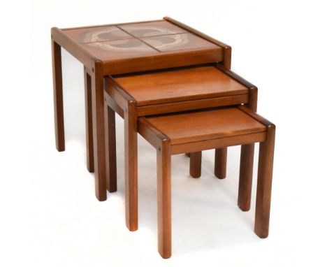 A mid-century nest of teak coffee tables, the larger example set with four ceramic tiles, height 46cm, width 46cm, depth 49cm