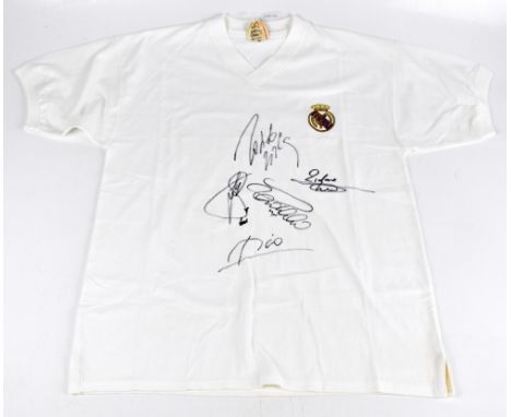 REAL MADRID LEGENDS; a retro style cotton home shirt, signed by Roberto Carlos, Zidane, Raul, Figo and Ronaldo to the front, 