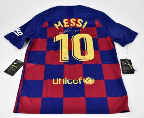 LIONEL MESSI; a Nike Barcelona shirt, signed to reverse, size M.
Additional InformationCreasing and light general wear, no ce