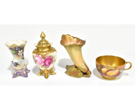 Four pieces of Royal Worcester comprising a fruit painted cup with puce mark to base, a floral decorated vase with lilac pain