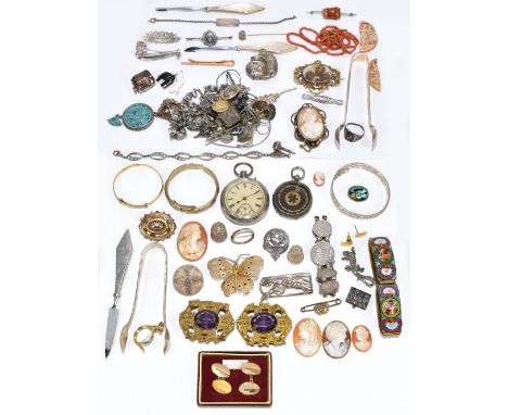 A large quantity of costume jewellery including cameo, bangle , micromosiac beads, pocket watch, etc.