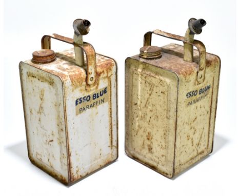 Two Valor vintage oil/paraffin cans with integral nozzles, screw caps and both inscribed with stickers 'Esso Blue Paraffin', 