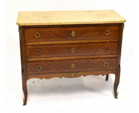 A French Louis XVI style inlaid walnut commode, with veined marble top above three long drawers on cabriole legs, height 86cm