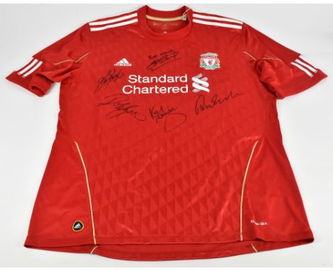 JORDAN HENDERSON; an Addidas Liverpool 2018-19 season six times Premier League winners home shirt, signed to front, size 13 X