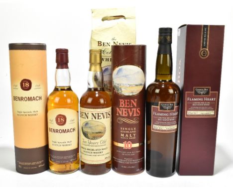 WHISKY; three bottles comprising Benromach aged 18 years, Flaming Heart Limited Release Malt Scotch Whisky and Ben Nevis Sing