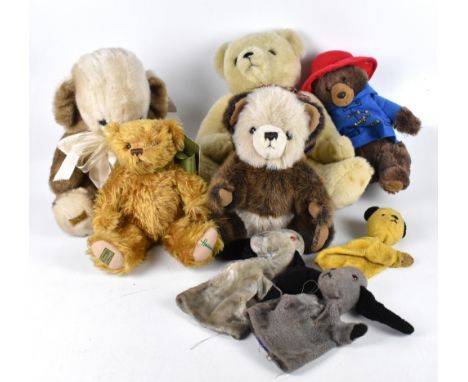 A group of plush animals including a Merrythought teddy bear, length 35cm, with traces of growler, other Merrythought bears, 