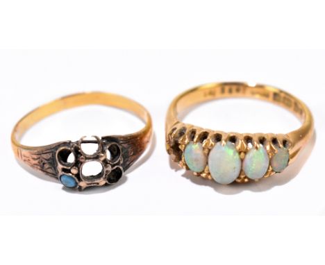 A 18ct yellow gold and opal ring, size M, approx 3.9g (one stone missing) and a further yellow metal ring mount, approx 1.7g 