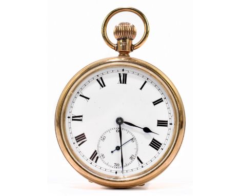 A 9ct yellow gold crown wind open faced pocket watch with white enamel dial set with Roman numerals, the 9ct yellow gold cuve