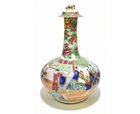 A 19th century Chinese Famille Vert Canton bottle neck vase with associated lid, the body decorated with a continuous scene o