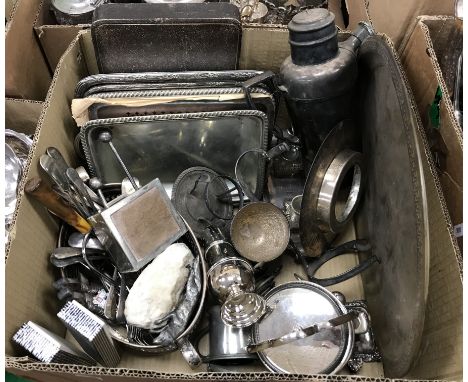 A box containing assorted plated wares to include entree dishes, cocktail shaker, dish holder, inkwell, assorted cutlery, etc