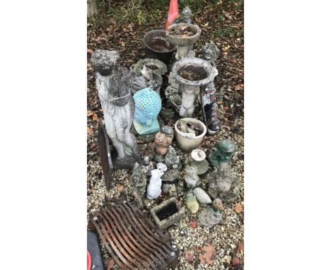 A large collection of assorted composite stone and other garden statues, bird baths, pots, etc. to include those in the form 