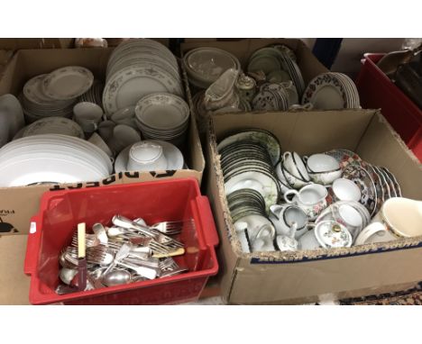 Five boxes of assorted china wares to include a "Diane" dinner service, an International Porcelain Brighton Collection "Camel