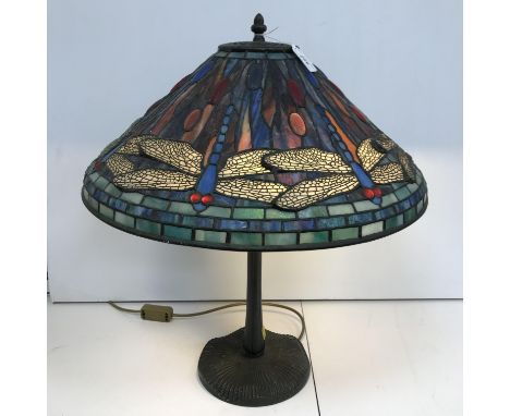 A modern leaded glazed table lamp in the manner of Tiffany, the shade decorated with dragonflies and foliage, approx 51 cm di