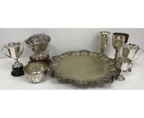 A George VI silver pedestal bowl with wrythen decoration (Birmingham 1938), 11.7 cm diameter, a George V silver trophy goblet