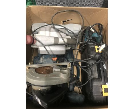 A large collection of hand tools to include electric planes, router, drill, etc., together with pillar drill, bench saw, work