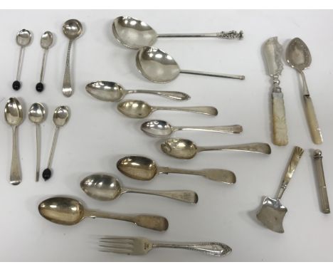 A collection of various silver cutlery including apostle spoon and another to match (finial missing), seven various teaspoons