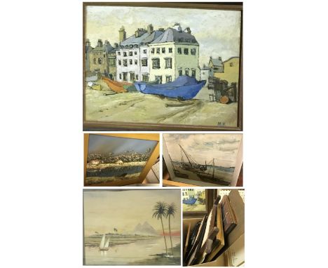 M K "Pastel painted houses with boats in foreground", oil on board, initialled lower left, 35 cm x 44 cm, together with BERNA