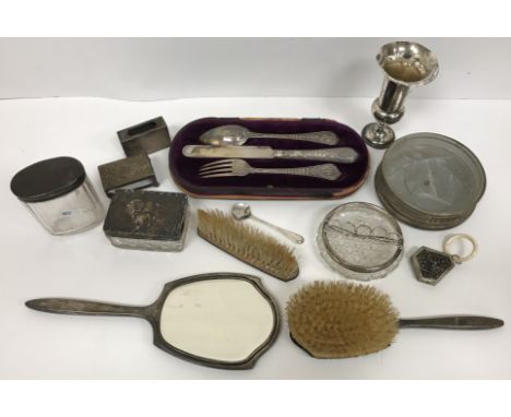 A collection of small silver and plated wares to include silver Christening knife, fork and spoon set (different makers, same