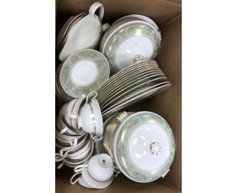 A Wedgwood "Gold Colombia" (green sage) part dinner service including dinner plates, tea plates, side plates, tureens, sauceb