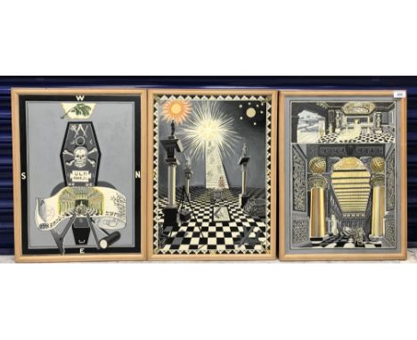 A set of three late 20th Century Masonic tracing boards with stylised imagery including one with skull and coffin, rarely see