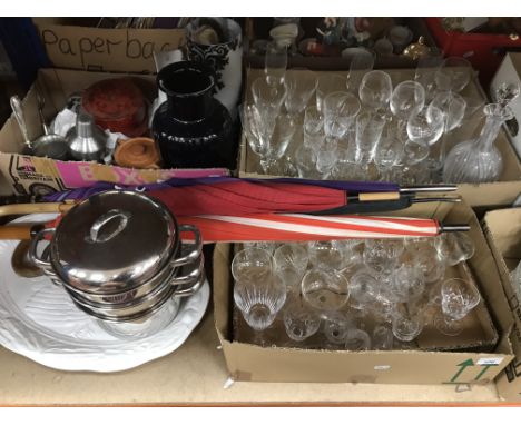 Three boxes of assorted glassware, including a cut glass decanter, etc. and a box of assorted household items to include cock